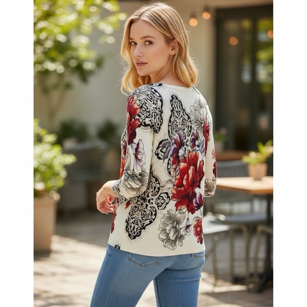 White House Black Market Floral Print Cardigan 3/4 Sleeve V-Neck Women's Small - Picture 4 of 5